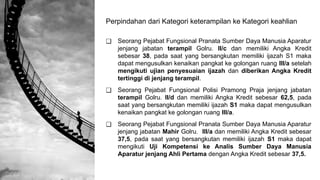 Perpindahan dari Kategori keterampilan ke Kategori keahlian
❑ Seorang Pejabat Fungsional Pranata Sumber Daya Manusia Aparatur
jenjang jabatan terampil Golru. II/c dan memiliki Angka Kredit
sebesar 38, pada saat yang bersangkutan memiliki ijazah S1 maka
dapat mengusulkan kenaikan pangkat ke golongan ruang III/a setelah
mengikuti ujian penyesuaian ijazah dan diberikan Angka Kredit
tertinggi di jenjang terampil.
❑ Seorang Pejabat Fungsional Polisi Pramong Praja jenjang jabatan
terampil Golru. II/d dan memiliki Angka Kredit sebesar 62,5, pada
saat yang bersangkutan memiliki ijazah S1 maka dapat mengusulkan
kenaikan pangkat ke golongan ruang III/a.
❑ Seorang Pejabat Fungsional Pranata Sumber Daya Manusia Aparatur
jenjang jabatan Mahir Golru. III/a dan memiliki Angka Kredit sebesar
37,5, pada saat yang bersangkutan memiliki ijazah S1 maka dapat
mengikuti Uji Kompetensi ke Analis Sumber Daya Manusia
Aparatur jenjang Ahli Pertama dengan Angka Kredit sebesar 37,5.
 