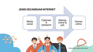 Kristina Siste, Kuesioner adiksi internet
JENIS KECANDUAN INTERNET
Media
sosial
Cybersex
&
cyberporn
Belanja
online &
judi
Games
online
 