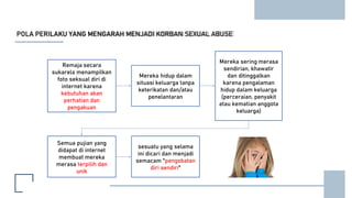 POLA PERILAKU YANG MENGARAH MENJADI KORBAN SEXUAL ABUSE
Remaja secara
sukarela menampilkan
foto seksual diri di
internet karena
kebutuhan akan
perhatian dan
pengakuan
Mereka hidup dalam
situasi keluarga tanpa
keterikatan dan/atau
penelantaran
Mereka sering merasa
sendirian, khawatir
dan ditinggalkan
karena pengalaman
hidup dalam keluarga
(perceraian, penyakit
atau kematian anggota
keluarga)
Semua pujian yang
didapat di internet
membuat mereka
merasa terpilih dan
unik
sesuatu yang selama
ini dicari dan menjadi
semacam "pengobatan
diri sendiri"
 