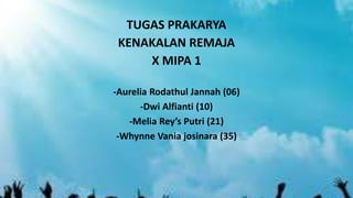 TUGAS PRAKARYA
KENAKALAN REMAJA
X MIPA 1
-Aurelia Rodathul Jannah (06)
-Dwi Alfianti (10)
-Melia Rey’s Putri (21)
-Whynne Vania josinara (35)
 