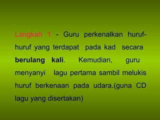 Langkah 1  - Guru perkenalkan huruf-huruf yang terdapat  pada kad  secara  berulang kali .  Kemudian,  guru  menyanyi  lagu pertama sambil melukis huruf berkenaan pada udara.(guna CD lagu yang disertakan) 