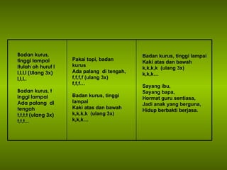 Badan kurus,  tinggi lampai Itulah oh huruf l l,l,l,l (Ulang 3x) l,l,l.. Badan kurus, t inggi lampai Ada palang  di tengah t,t,t,t (ulang 3x) t,t,t... Pakai topi, badan kurus Ada palang  di tengah, f,f,f,f (ulang 3x) f,f,f… Badan kurus, tinggi lampai Kaki atas dan bawah k,k,k,k  (ulang 3x) k,k,k… Badan kurus, tinggi lampai Kaki atas dan bawah k,k,k,k  (ulang 3x) k,k,k… Sayang ibu,  Sayang bapa, Hormat guru sentiasa, Jadi anak yang berguna, Hidup berbakti berjasa. 