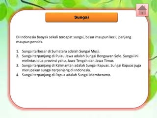 Di Indonesia banyak sekali terdapat sungai, besar maupun kecil, panjang
maupun pendek.
1. Sungai terbesar di Sumatera adalah Sungai Musi.
2. Sungai terpanjang di Pulau Jawa adalah Sungai Bengawan Solo. Sungai ini
melintasi dua provinsi yaitu, Jawa Tengah dan Jawa Timur.
3. Sungai terpanjang di Kalimantan adalah Sungai Kapuas. Sungai Kapuas juga
merupakan sungai terpanjang di Indonesia.
4. Sungai terpanjang di Papua adalah Sungai Memberamo.
Sungai
 