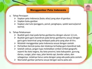 a. Tahap Persiapan
 Siapkan peta Indonesia (buku atlas) yang akan di gambar.
 Siapkan buku gambar.
 Siapkan alat tulis (penggaris, pensil, penghapus, spidol warna/pensil
warna).
b. Tahap Pelaksanaan
 Buatlah garis tepi pada kertas gambarmu dengan ukuran 1,5 cm.
 Buatlah garis-garis koordinat pada kertas gambarmu sesuai dengan
garis-garis koorninat yang terdapat pada prta yang akan di tiru.
 Mulailah menggambar peta Indonesia sesuai dengan contoh.
 Perhatikan bentuk pulau dan letaknya terhadap garis koordinat tadi.
 Setelah selesai, jangan lupa meletakkan simbol-simbol geografis
seperti ibu kota negara, ibu kota provinsi, kota kabupaten, gunung,
danau, sungai, jalan raya, jalan kereta api, bandar udara, dan
sebagainya. Letaknya harus sama dengan yang ada pada peta contoh.
 Warnailah gambar pertama sesuai dengan warna peta asli.
Menggambar Peta Indonesia
 