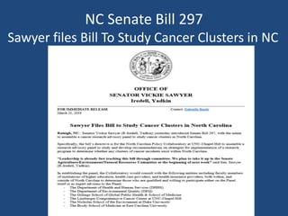 NC Senate Bill 297
Sawyer files Bill To Study Cancer Clusters in NC
 