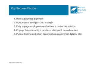 Key Success Factors 
 1. Have a business alignment 
 2. Pursue costs savings – 3BL strategy 
 3. Fully engage employees – make them a part of the solution 
 4. Engage the community – products, labor pool, related causes 
 5. Pursue training and other opportunities (government, NGOs, etc) 
© 2014 Kenan Institute Asia 
 