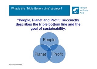 What is the “Triple Bottom Line” strategy? 
People, Planet and Profit succinctly 
describes the triple bottom line and the 
© 2014 Kenan Institute Asia 
goal of sustainability. 
People 
Planet Profit 
 