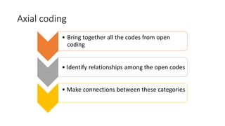 Axial coding
• Bring together all the codes from open
coding
• Identify relationships among the open codes
• Make connections between these categories
 