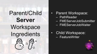 Parent/Child
Server
Workspace
Ingredients
•  Parent Workspace:
–  PathReader
–  FMEServerJobSubmitter
–  FMEServerJobWaiter
•  Child Workspace:
–  FeatureWriter
 