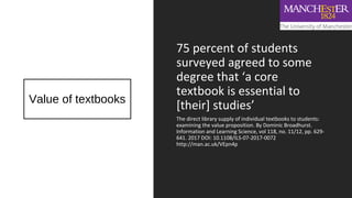 Value of textbooks
75 percent of students
surveyed agreed to some
degree that ‘a core
textbook is essential to
[their] studies’
The direct library supply of individual textbooks to students:
examining the value proposition. By Dominic Broadhurst.
Information and Learning Science, vol 118, no. 11/12, pp. 629-
641. 2017 DOI: 10.1108/ILS-07-2017-0072
http://man.ac.uk/VEpn4p
 