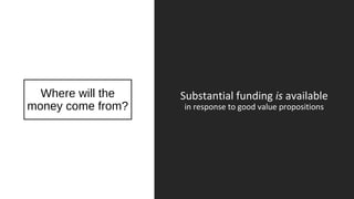 Where will the
money come from?
Substantial funding is available
in response to good value propositions
 