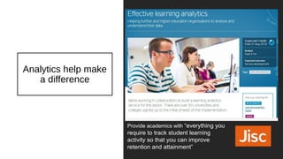 Analytics help make
a difference
Provide academics with “everything you
require to track student learning
activity so that you can improve
retention and attainment”
 