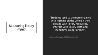 Measuring library
impact
“Students tend to be more engaged
with learning on the whole if they
engage with library resources,
interact with library staff, and
spend time using libraries”.
AustralasianSurveyofStudentEngagement[AUSSE]2012InstitutionReport(p.40-41)
 