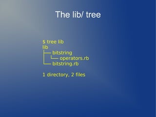 The lib/ tree

$ tree lib
lib
├── bitstring
│   └── operators.rb
└── bitstring.rb

1 directory, 2 files
 
