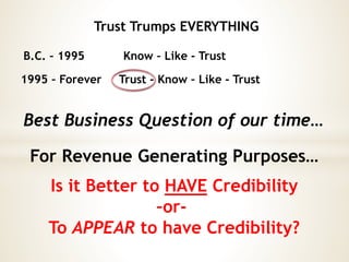For Revenue Generating Purposes…
Trust Trumps EVERYTHING
B.C. – 1995 Know – Like - Trust
1995 – Forever Trust - Know – Like - Trust
Is it Better to HAVE Credibility
–or-
To APPEAR to have Credibility?
Best Business Question of our time…
 