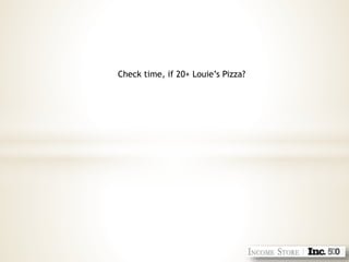 Check time, if 20+ Louie’s Pizza?
 