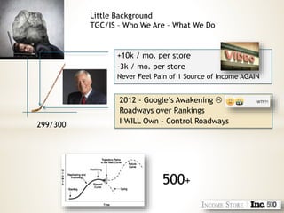 Little Background
TGC/IS – Who We Are – What We Do
299/300
+10k / mo. per store
-3k / mo. per store
Never Feel Pain of 1 Source of Income AGAIN
2012 - Google’s Awakening 
Roadways over Rankings
I WILL Own – Control Roadways
500+
 
