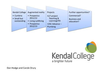 Kendal College 
•Cumbria 
•Small but outstanding 
Augmented reality 
•Prospectus 2011/12 
•Living LeARning 
•Prospectus 2012/13 
Projects 
•LiT project 
Teaching & LearningCPD 
•JISC Advance – Plumbing 
Further opportunities? Commercial? Business and education? 
Dan Hodge and Carole Drury  
