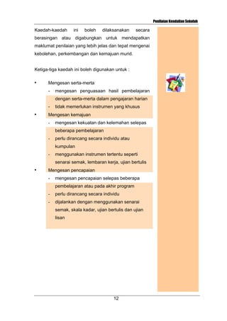 Penilaian Kendalian Sekolah

Kaedah-kaedah

ini

boleh

dilaksanakan

secara

berasingan atau digabungkan untuk mendapatkan
maklumat penilaian yang lebih jelas dan tepat mengenai
kebolehan, perkembangan dan kemajuan murid.

Ketiga-tiga kaedah ini boleh digunakan untuk :
•

Mengesan serta-merta
-

mengesan penguasaan hasil pembelajaran
dengan serta-merta dalam pengajaran harian

•

tidak memerlukan instrumen yang khusus

Mengesan kemajuan
-

mengesan kekuatan dan kelemahan selepas
beberapa pembelajaran

-

perlu dirancang secara individu atau
kumpulan

-

menggunakan instrumen tertentu seperti
senarai semak, lembaran kerja, ujian bertulis

•

Mengesan pencapaian
-

mengesan pencapaian selepas beberapa
pembelajaran atau pada akhir program

-

perlu dirancang secara individu

-

dijalankan dengan menggunakan senarai
semak, skala kadar, ujian bertulis dan ujian
lisan

12

 
