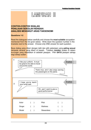 Penilaian Kendalian Sekolah

CONTOH-CONTOH SOALAN
PENILAIAN SEKOLAH RENDAH:
ANALISIS MENGIKUT ARAS TAKSONOMI
Questions 1-2
Read the dialogues below carefully and choose the most suitable occupation
mentioned from the list given below. Write down the question number in the
brackets next to the answer. Choose only ONE answer for each question.
Baca dialog yang diberi dengan teliti dan pilih pekerjaan yang paling sesuai
daripada senarai yang diberi di bawah. Tuliskan nombor soalan di dalam
kurungan yang disediakan di sebelah jawapan. Pilih SATU jawapan sahaja
bagi setiap soalan.
1
I like your uniform. It must
be great to be able to travel
around the world.

Analisis

That’s true, and I also enjoy serving
the passengers on the plane.

2

Analisis

I hope you’ve learnt
your script well.
Oh. yes! I want to give a
good performance

Actor

(

)

Pilot

(

)

Singer

(

)

Waitress

(

)

Model

(

)

Stewardess

(

)

39

 