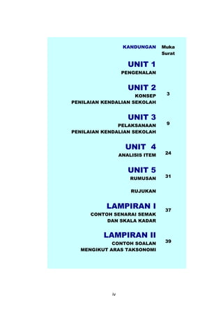 KANDUNGAN

Muka
Surat

UNIT 1
PENGENALAN

UNIT 2
KONSEP
PENILAIAN KENDALIAN SEKOLAH

UNIT 3
PELAKSANAAN
PENILAIAN KENDALIAN SEKOLAH

UNIT 4
ANALISIS ITEM

UNIT 5
RUMUSAN

3

9

24

31

RUJUKAN

LAMPIRAN I
CONTOH SENARAI SEMAK
DAN SKALA KADAR

LAMPIRAN II
CONTOH SOALAN
MENGIKUT ARAS TAKSONOMI

iv

37

39

 