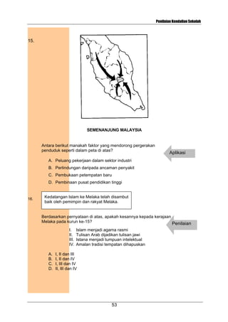 Penilaian Kendalian Sekolah

15.

SEMENANJUNG MALAYSIA

Antara berikut manakah faktor yang mendorong pergerakan
penduduk seperti dalam peta di atas?

Aplikasi

A. Peluang pekerjaan dalam sektor industri
B. Perlindungan daripada ancaman penyakit
C. Pembukaan petempatan baru
D. Pembinaan pusat pendidikan tinggi

16.

Kedatangan Islam ke Melaka telah disambut
baik oleh pemimpin dan rakyat Melaka.

Berdasarkan pernyataan di atas, apakah kesannya kepada kerajaan
Melaka pada kurun ke-15?
Penilaian
I.
II.
III.
IV.
A.
B.
C.
D.

Islam menjadi agama rasmi
Tulisan Arab dijadikan tulisan jawi
Istana menjadi tumpuan intelektual
Amalan tradisi tempatan dihapuskan

I, II dan III
I, II dan IV
I, III dan IV
II, III dan IV

53

 