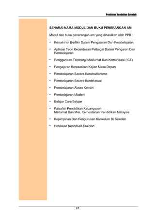 Penilaian Kendalian Sekolah

SENARAI NAMA MODUL DAN BUKU PENERANGAN AM
Modul dan buku penerangan am yang dihasilkan oleh PPK :
•

Kemahiran Berfikir Dalam Pengajaran Dan Pembelajaran

•

Aplikasi Teori Kecerdasan Pelbagai Dalam Pengaran Dan
Pembelajaran

•

Penggunaan Teknologi Maklumat Dan Komunikasi (ICT)

•

Pengajaran Berasaskan Kajian Masa Depan

•

Pembelajaran Secara Konstruktivisme

•

Pembelajaran Secara Kontekstual

•

Pembelajaran Akses Kendiri

•

Pembelajaran Masteri

•

Belajar Cara Belajar

•

Falsafah Pendidikan Kebangsaan
Matlamat Dan Misi, Kementerian Pendidikan Malaysia

•

Kepimpinan Dan Pengurusan Kurikulum Di Sekolah

•

Penilaian Kendalian Sekolah

61

 