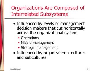 Kendall & Kendall 2-4
Organizations Are Composed of
Interrelated Subsystems
• Influenced by levels of management
decision makers that cut horizontally
across the organizational system
• Operations
• Middle management
• Strategic management
• Influenced by organizational cultures
and subcultures
 