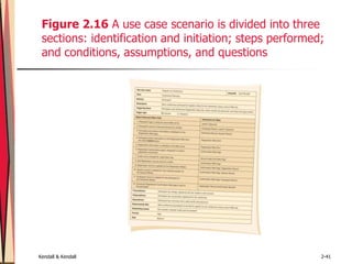 Kendall & Kendall 2-41
Figure 2.16 A use case scenario is divided into three
sections: identification and initiation; steps performed;
and conditions, assumptions, and questions
 