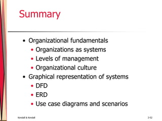 Kendall & Kendall 2-52
Summary
• Organizational fundamentals
• Organizations as systems
• Levels of management
• Organizational culture
• Graphical representation of systems
• DFD
• ERD
• Use case diagrams and scenarios
 