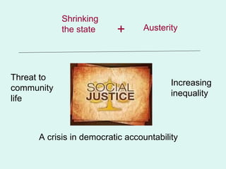 Shrinking
            the state    +      Austerity




Threat to
                                        Increasing
community
                                        inequality
life



     A crisis in democratic accountability
 