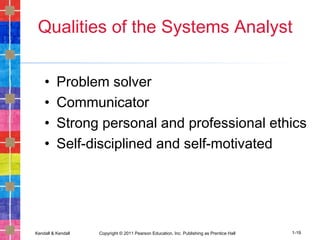 Kendall & Kendall Copyright © 2011 Pearson Education, Inc. Publishing as Prentice Hall 1-19
Qualities of the Systems Analyst
• Problem solver
• Communicator
• Strong personal and professional ethics
• Self-disciplined and self-motivated
 