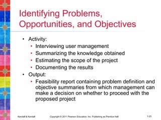 Kendall & Kendall Copyright © 2011 Pearson Education, Inc. Publishing as Prentice Hall 1-23
Identifying Problems,
Opportunities, and Objectives
• Activity:
• Interviewing user management
• Summarizing the knowledge obtained
• Estimating the scope of the project
• Documenting the results
• Output:
• Feasibility report containing problem definition and
objective summaries from which management can
make a decision on whether to proceed with the
proposed project
 