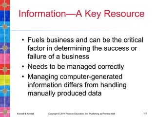 Kendall & Kendall Copyright © 2011 Pearson Education, Inc. Publishing as Prentice Hall 1-3
Information—A Key Resource
• Fuels business and can be the critical
factor in determining the success or
failure of a business
• Needs to be managed correctly
• Managing computer-generated
information differs from handling
manually produced data
 