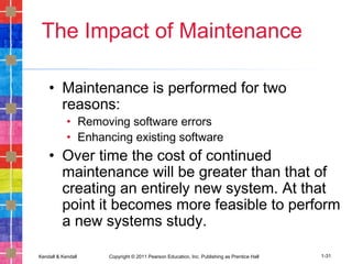 Kendall & Kendall Copyright © 2011 Pearson Education, Inc. Publishing as Prentice Hall 1-31
The Impact of Maintenance
• Maintenance is performed for two
reasons:
• Removing software errors
• Enhancing existing software
• Over time the cost of continued
maintenance will be greater than that of
creating an entirely new system. At that
point it becomes more feasible to perform
a new systems study.
 
