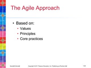 Kendall & Kendall Copyright © 2011 Pearson Education, Inc. Publishing as Prentice Hall 1-38
The Agile Approach
• Based on:
• Values
• Principles
• Core practices
 