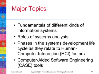 Kendall & Kendall Copyright © 2011 Pearson Education, Inc. Publishing as Prentice Hall 1-4
Major Topics
• Fundamentals of different kinds of
information systems
• Roles of systems analysts
• Phases in the systems development life
cycle as they relate to Human-
Computer Interaction (HCI) factors
• Computer-Aided Software Engineering
(CASE) tools
 