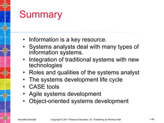Kendall & Kendall Copyright © 2011 Pearson Education, Inc. Publishing as Prentice Hall 1-49
Summary
• Information is a key resource.
• Systems analysts deal with many types of
information systems.
• Integration of traditional systems with new
technologies
• Roles and qualities of the systems analyst
• The systems development life cycle
• CASE tools
• Agile systems development
• Object-oriented systems development
 