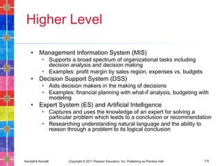 Kendall & Kendall Copyright © 2011 Pearson Education, Inc. Publishing as Prentice Hall 1-9
Higher Level
• Management Information System (MIS)
• Supports a broad spectrum of organizational tasks including
decision analysis and decision making
• Examples: profit margin by sales region, expenses vs. budgets
• Decision Support System (DSS)
• Aids decision makers in the making of decisions
• Examples: financial planning with what-if analysis, budgeting with
modeling
• Expert System (ES) and Artificial Intelligence
• Captures and uses the knowledge of an expert for solving a
particular problem which leads to a conclusion or recommendation
• Researching understanding natural language and the ability to
reason through a problem to its logical conclusion
 