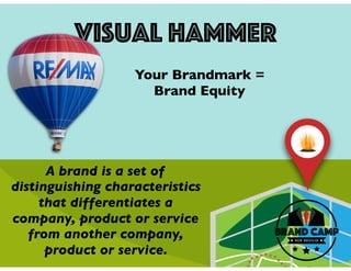 Visual Hammer
Your Brandmark =
Brand Equity
A brand is a set of
distinguishing characteristics
that differentiates a
company, product or service
from another company,
product or service.
 