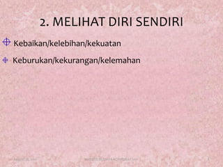 2. MELIHAT DIRI SENDIRIKebaikan/kelebihan/kekuatanKeburukan/kekurangan/kelemahanAugust 17, 20118KURSUS BUDAYA KORPORAT 2011