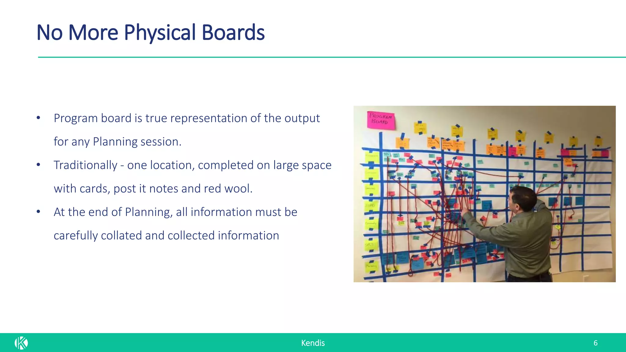 Kendis
No More Physical Boards
6
• Program board is true representation of the output
for any Planning session.
• Traditionally - one location, completed on large space
with cards, post it notes and red wool.
• At the end of Planning, all information must be
carefully collated and collected information
 