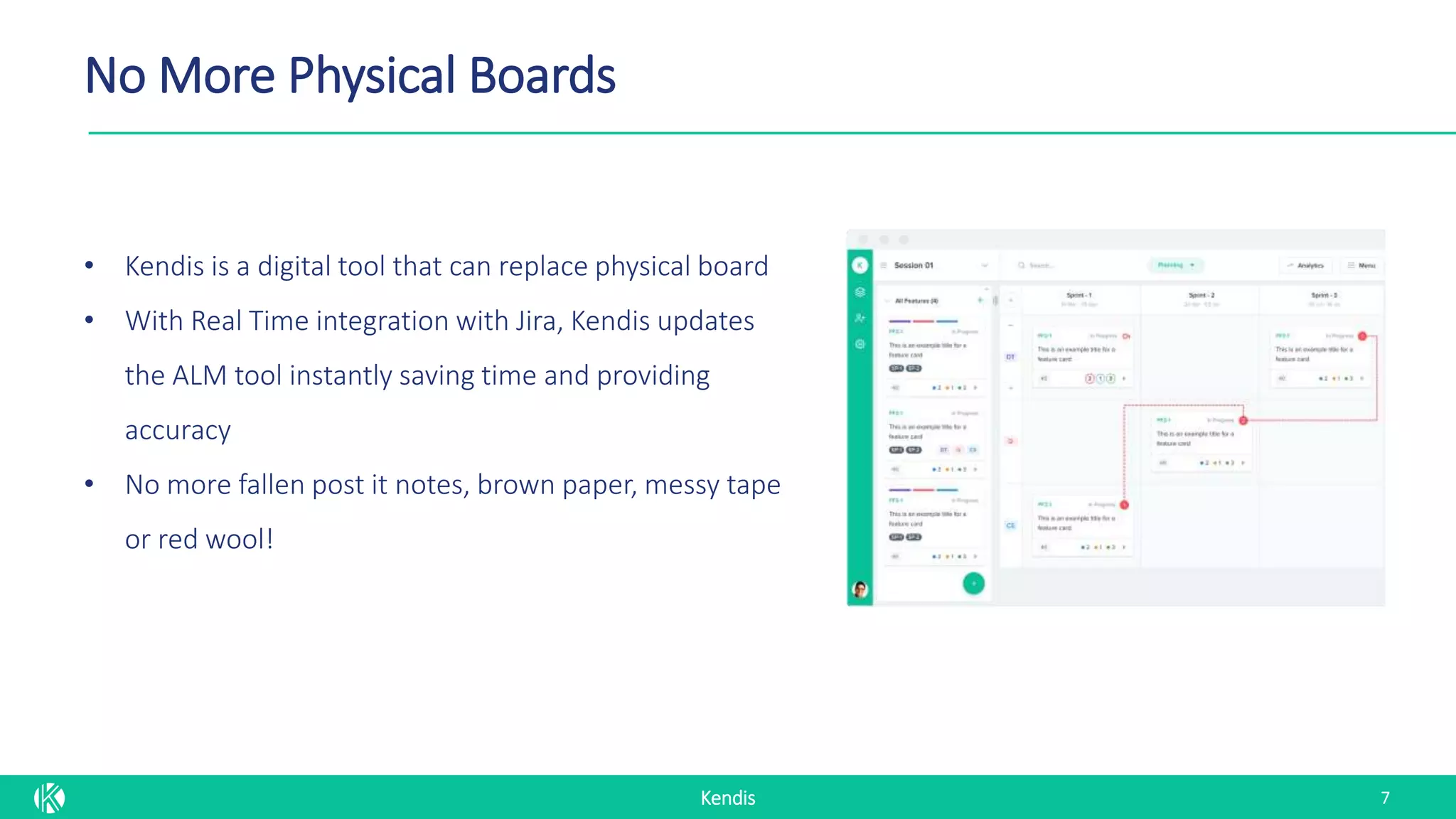 Kendis
No More Physical Boards
7
• Kendis is a digital tool that can replace physical board
• With Real Time integration with Jira, Kendis updates
the ALM tool instantly saving time and providing
accuracy
• No more fallen post it notes, brown paper, messy tape
or red wool!
 