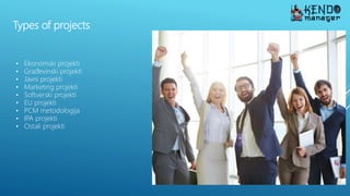 Types of projects
• Ekonomski projekti
• Građevinski projekti
• Javni projekti
• Marketing projekti
• Softverski projekti
• EU projekti
• PCM metodologija
• IPA projekti
• Ostali projekti
 
