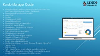 Kendo Manager Opcije
• Kontrolne table u realnom vremenu(project dashboard, my
dashboard, Dojo Multiple Project Dashboard)
• Upravljanje aktivnostima na projektu
• Gantt Chart
• Kanban
• Lista aktivnosti (WBS)
• Budžet Menadžment
• Upravljanje resursima na projektu
• Dokument Menadžment
• Upravljanjem vremenom na projektu
• Upravljanje rizikom
• Praćenje problema na projektu
• Upravljanje promjenama
• Saradnja i komunikacija na projektu
• Reporting (Advanced Reports)
• Kolaboracija na projektima
• Email i sistemska obavještenja
• Multijezičnost (Srpski, Hrvatski, Bosanski, Engleski, Njemački i
Španski jezik)
• Role i dozvole
• Self-Hosted/ Server za upravljanje portfoliom projekta
• Ostale opcije(Lokacija projekta,vlasnik projekta,ciljana grupa
projekta, Demografski podaci, Logička matrica)
• ...
 