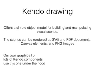 Kendo drawing
Offers a simple object model for building and manipulating
visual scenes.
The scenes can be rendered as SVG and PDF documents,
Canvas elements, and PNG images
Our own graphics lib,
lots of Kendo components
use this one under the hood
 