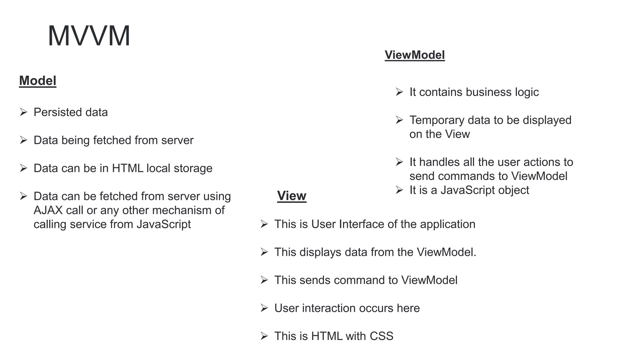 MVVM
 Persisted data
 Data being fetched from server
 Data can be in HTML local storage
 Data can be fetched from server using
AJAX call or any other mechanism of
calling service from JavaScript
Model
 It contains business logic
 Temporary data to be displayed
on the View
 It handles all the user actions to
send commands to ViewModel
 It is a JavaScript object
ViewModel
 This is User Interface of the application
 This displays data from the ViewModel.
 This sends command to ViewModel
 User interaction occurs here
 This is HTML with CSS
View
 