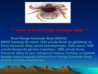 *** Kene ve Kırım Kongo Kanamalı Ateşi *** Kırım Kongo Kanamalı Ateşi (KKKA): KKKA hastalığı ilk olarak 1944 yılında Kırım’da görülmüş ve Kırım Kanamalı Ateşi olarak tanımlanmıştır. Daha sonra 1956 yılında Kongo’da görülen hastalığın, 1969 yılında Kırım Kanamalı Ateşi ile aynı olduğunun farkına varılmış ve hastalık bundan sonra bugünkü bilinen Kırım Kongo Kanamalı Ateşi ismiyle anılmaya başlamıştır. 