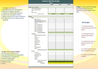 A Budget can help you:
1. Put aside money for savings goals.
2. Prepare for regular expenses.
3. Prepare for unexpected expenses
4. Control how you spend money.
5. Reduce stress and increase confidence
6. Provide an excuse to calm excessive
spending
Budget is a tool used for tracking
and monitoring income and
expenses to avoid negative cash
flow.
Why Budget?
1. To determine how
much money you have to
spend
2. To decide how you
want to spend your
money
3. To determine how to
spend money in the
future
4. To learn to live on less
than available income
5. To stay out of financial
trouble
Dangers of not using a budget
1. No idea where money went
2. Bad spending habits are unidentified
3. Unprepared for emergencies
4. Strained relationships
5. Lack of savings plan
6. Wasted money
7. Stress
 