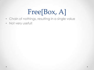 Free[Box, A]
• Chain of nothings, resulting in a single value
• Not very useful!
 